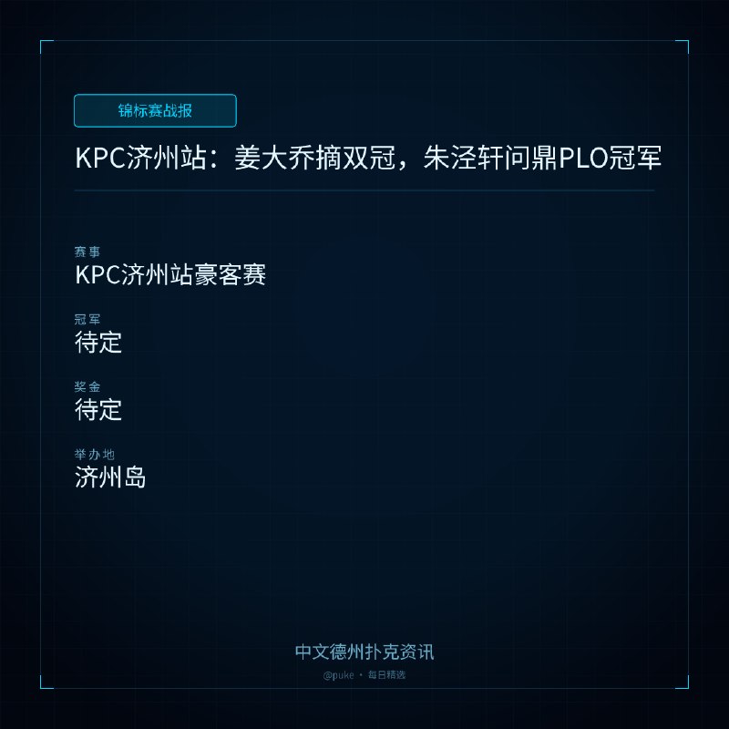 🏆 锦标赛战报📰 第 6 更 · 系列追踪KPC济州站：姜大乔摘双冠，朱泾轩问鼎PLO冠军📍 KPC济州站豪客赛👑 冠军: 待定💰 奖金: 待定2026 KPC济州岛站系列赛正在如火如荼地进行，今天的豪客赛决赛日吸引了171人次报名参赛