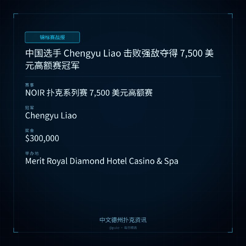 🏆 锦标赛战报中国选手 Chengyu Liao 击败强敌夺得 7,500 美元高额赛冠军📍 NOIR 扑克系列赛 7,500 美元高额赛👑 冠军: Chengyu Liao💰 奖金: $300,000在北塞浦路斯的美丽日子里，Merit Royal Diamond Hotel Casino & Spa 欢迎 16 名玩家回归，所有人都处于成为 2026 年 NOIR 扑克系列赛最新冠军的边缘