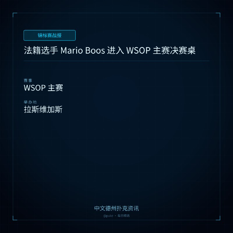🏆 锦标赛战报📰 第 215 更 · 系列追踪法籍选手 Mario Boos 进入 WSOP 主赛决赛桌📍 WSOP 主赛法籍选手 Mario Boos 成为 WSOP 主赛最后一位法国选手，他将在决赛桌上争夺冠军