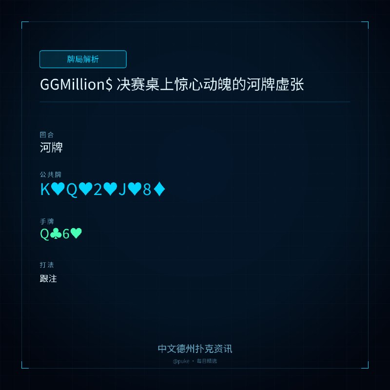 ♣ 牌局解析📰 第 2 更 · 系列追踪GGMillion$ 决赛桌上惊心动魄的河牌虚张🃏 河牌🌊 牌面: K♥Q♥2♥J♥8♦🎯 主角手牌: Q♣6♥▸ 跟注2026 年 $10,300 GGMillion$ 决赛桌上，Y Schneider 和 Pedro Neves 进行了一场激烈的对决