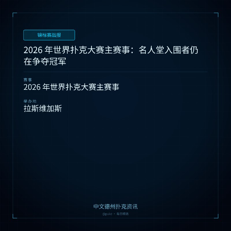 🏆 锦标赛战报📰 第 183 更 · 系列追踪2026 年世界扑克大赛主赛事：名人堂入围者仍在争夺冠军📍 2026 年世界扑克大赛主赛事2026 年世界扑克大赛主赛事已经开始，超过 9,200 名玩家参加了比赛