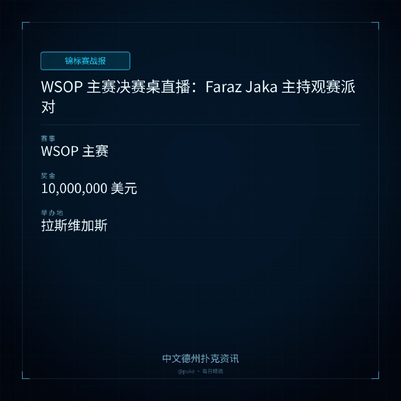 🏆 锦标赛战报📰 第 228 更 · 系列追踪WSOP 主赛决赛桌直播：Faraz Jaka 主持观赛派对📍 WSOP 主赛💰 奖金: 10,000,000 美元2026 年 WSOP 主赛决赛桌即将开始，Faraz Jaka 将在 YouTube 主持一场观赛派对