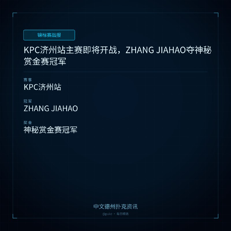 🏆 锦标赛战报📰 第 7 更 · 系列追踪KPC济州站主赛即将开战，ZHANG JIAHAO夺神秘赏金赛冠军📍 KPC济州站👑 冠军: ZHANG JIAHAO💰 奖金: 神秘赏金赛冠军KPC济州站已经来到第四个比赛日，多个冠军奖项已各归其主