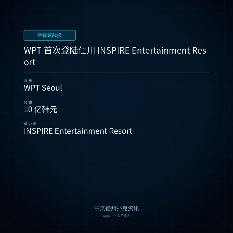 🏆 锦标赛战报WPT 首次登陆仁川 INSPIRE Entertainment Resort📍 WPT Seoul💰 奖金: 10 亿韩元世界扑克巡回赛（WPT）即将首次在仁川的 INSPIRE Entertainment Resort 举办，时间为 2026 年 10 月 30 日至 11 月 9 日