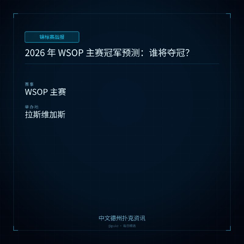 🏆 锦标赛战报📰 第 146 更 · 系列追踪2026 年 WSOP 主赛冠军预测：谁将夺冠？📍 WSOP 主赛2026 年世界扑克大赛（WSOP）主赛冠军将在八月份产生，但预测市场交易员已经开始为最后九名选手定价