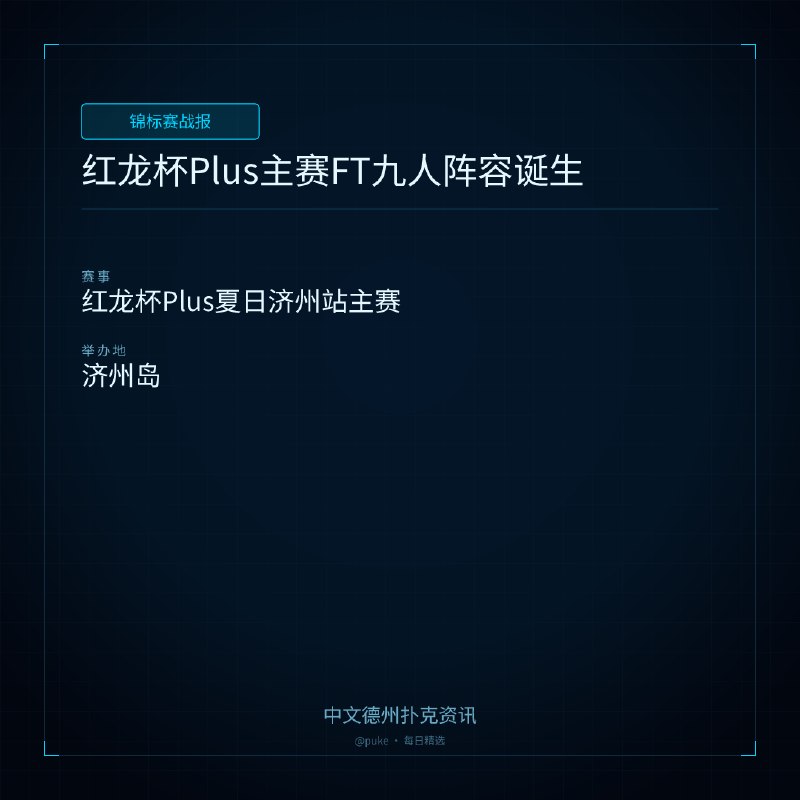 🏆 锦标赛战报📰 第 16 更 · 系列追踪红龙杯Plus主赛FT九人阵容诞生📍 红龙杯Plus夏日济州站主赛7月17日，红龙杯Plus夏日济州站主赛事正式开启第三轮角逐，53位精英选手向着最终9人FT席位发起全力冲刺