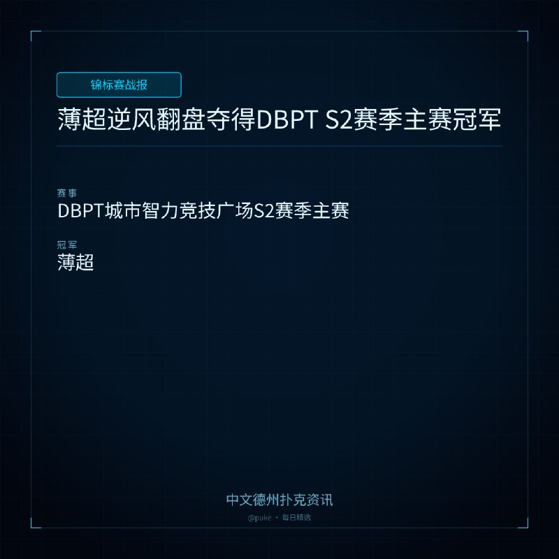 🏆 锦标赛战报📰 第 8 更 · 系列追踪薄超逆风翻盘夺得DBPT S2赛季主赛冠军📍 DBPT城市智力竞技广场S2赛季主赛👑 冠军: 薄超2026年7月28日，DBPT城市智力竞技广场S2赛季主赛决赛展开，剩余9位选手展开了一场别开生面的激烈对抗，经过3个小时的痛快角逐，薄超逆风翻盘夺得冠军