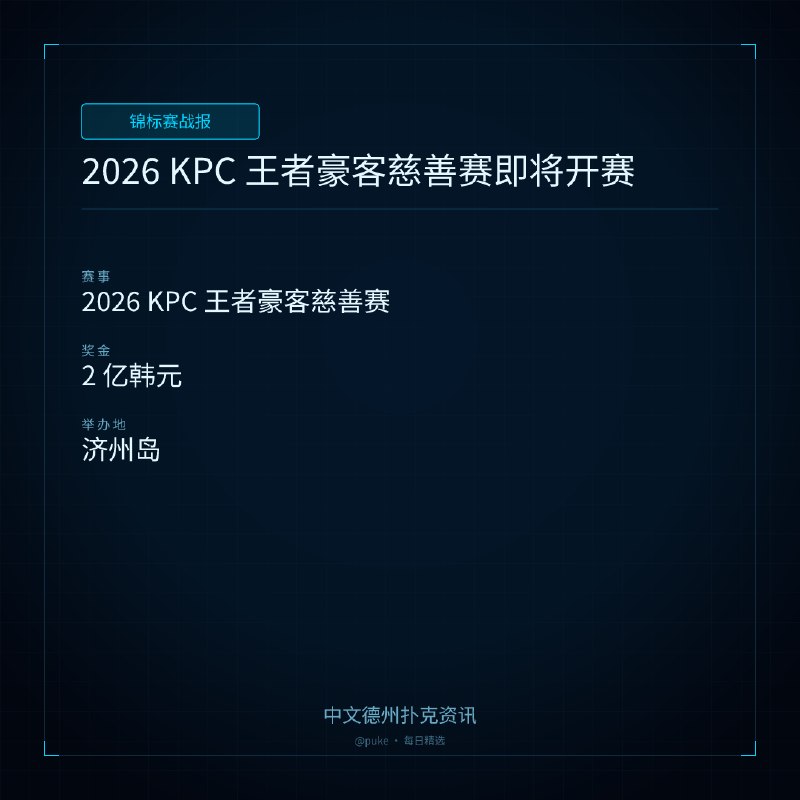 🏆 锦标赛战报📰 第 5 更 · 系列追踪2026 KPC 王者豪客慈善赛即将开赛📍 2026 KPC 王者豪客慈善赛💰 奖金: 2 亿韩元2026 KPC 王者豪客慈善赛将于 7 月 25 日至 8 月 10 日在济州岛举行，总保底奖池高达 2 亿韩元