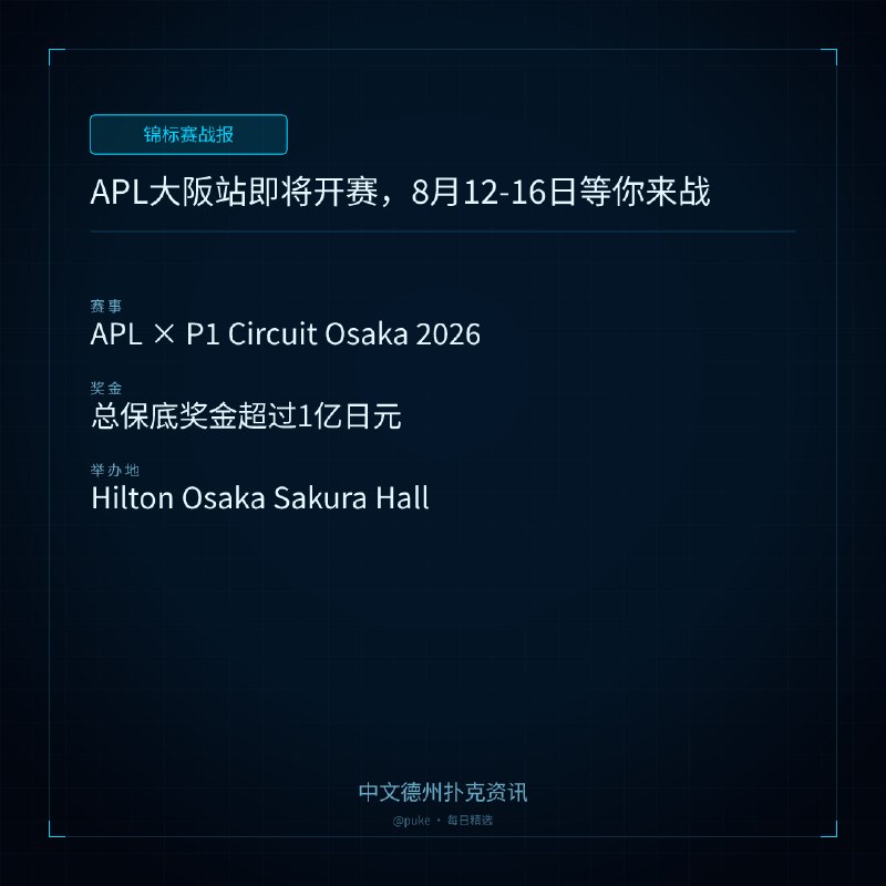 🏆 锦标赛战报APL大阪站即将开赛，8月12-16日等你来战📍 APL × P1 Circuit Osaka 2026💰 奖金: 总保底奖金超过1亿日元八月，是属于大阪最热闹的季节