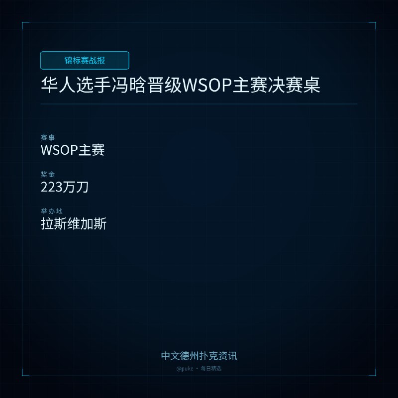 🏆 锦标赛战报📰 第 216 更 · 系列追踪华人选手冯晗晋级WSOP主赛决赛桌📍 WSOP主赛💰 奖金: 223万刀冯晗是一位美籍华裔选手，他在2026年WSOP主赛中晋级了决赛桌